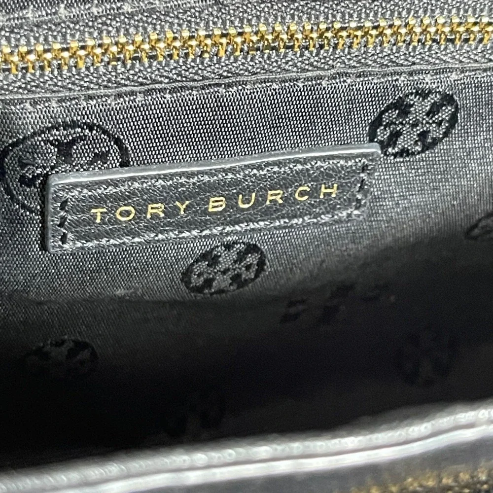 Tory Burch Black Pebbled Leather Crossbody Bag Gold Chain Strap